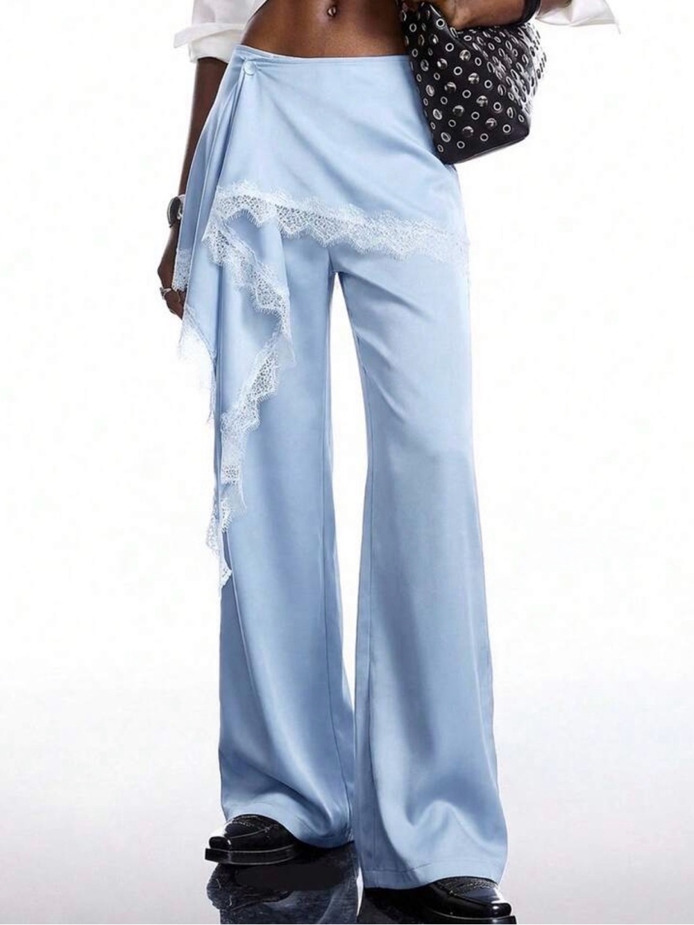 Light Blue Lace-Trim Wide Leg Pants